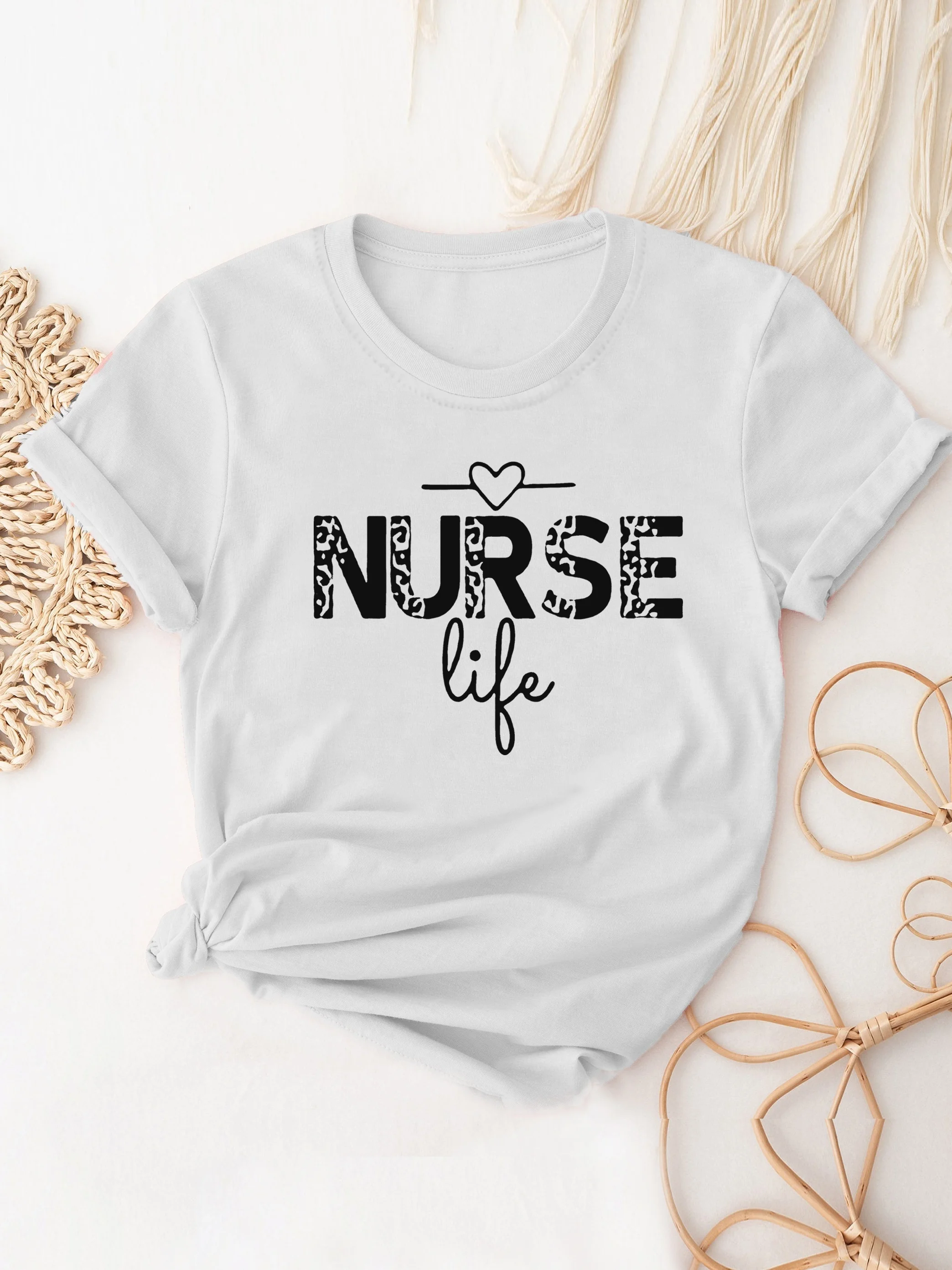 Nurse Life Print T-Shirt, Short Sleeve Crew Neck Casual Top For All Season, Women\'s Clothing casual basics O-collar T-shirt