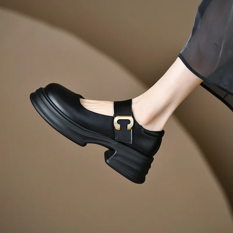 Buckle Small Leather Shoes Women's Shoes  New Spring Thick Soled Thick Heel Mary Jane Single Shoes Spring French Lefu Shoes