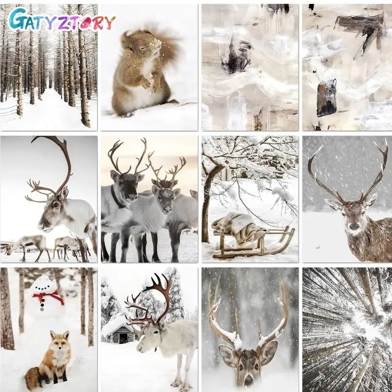 

GATYZTORY 40x50cm Painting By Numbers Winter Landscape Animals Elks Squirrel Fox Handpainted Diy Gift Artwork Paint Kit On Canva