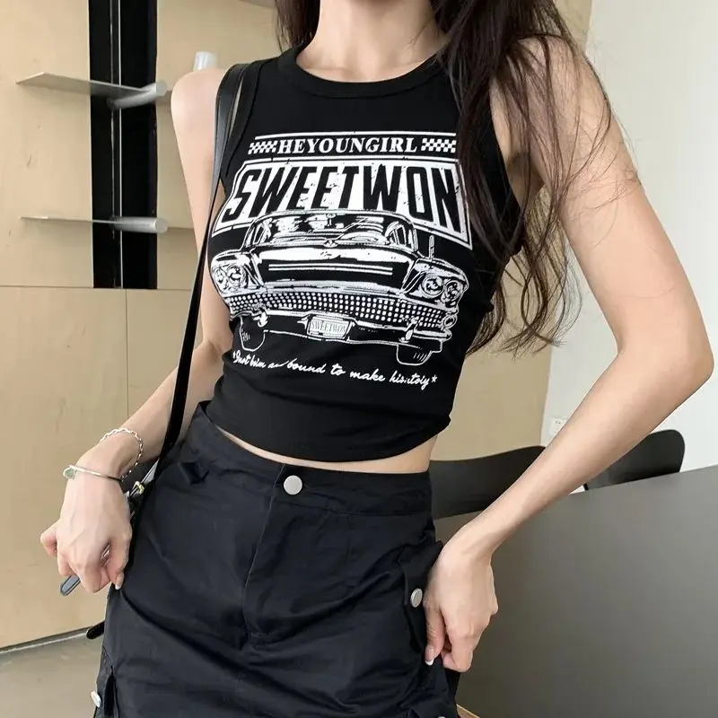 Hot girl style retro letter car print slim fit vest women's midriff-baring short top trendy