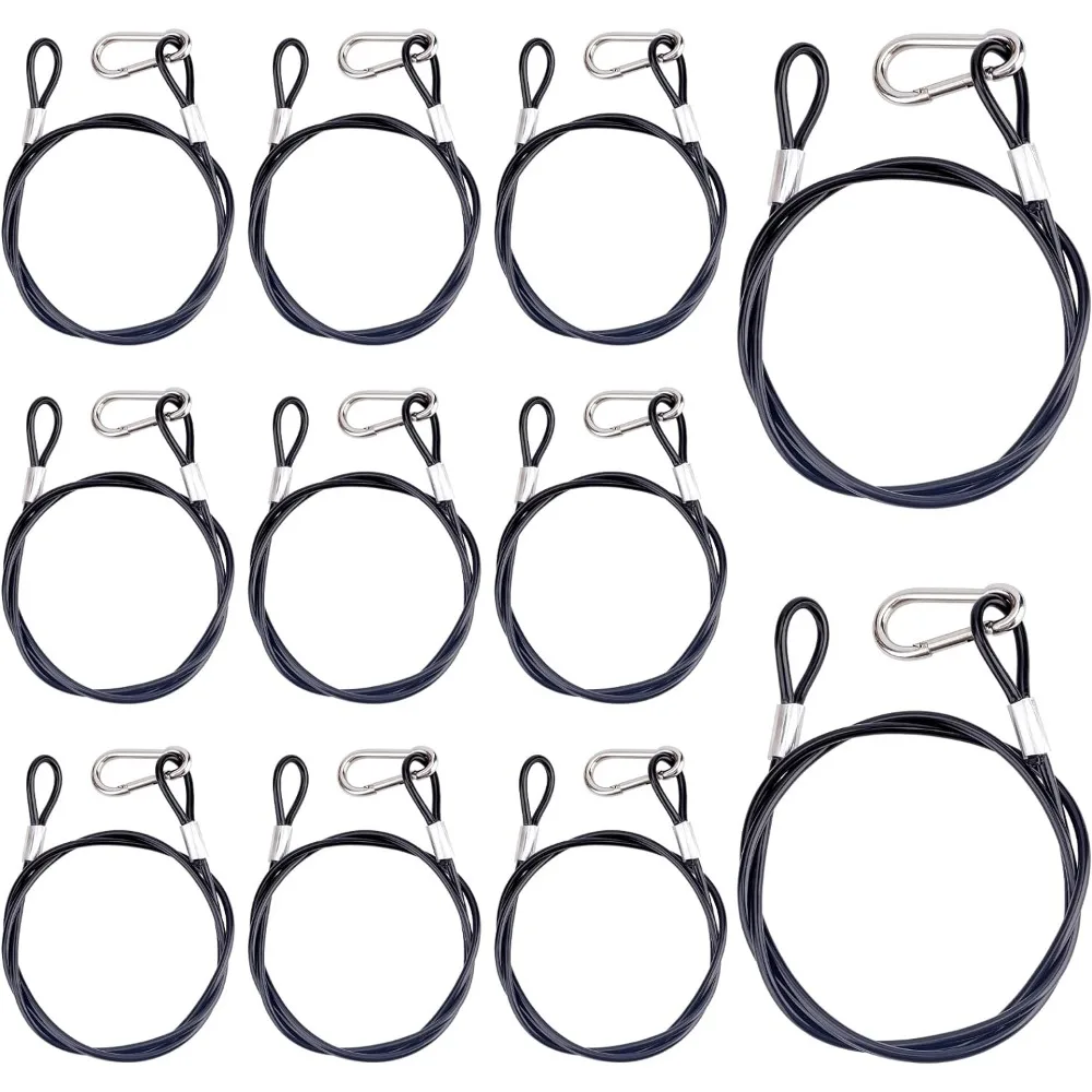 

12 Pcs Stage Lights Safety Cable, 39 inch 4mm Stainless Steel Security Rope Black Coated Braided with Loops&Spring Clasps Max
