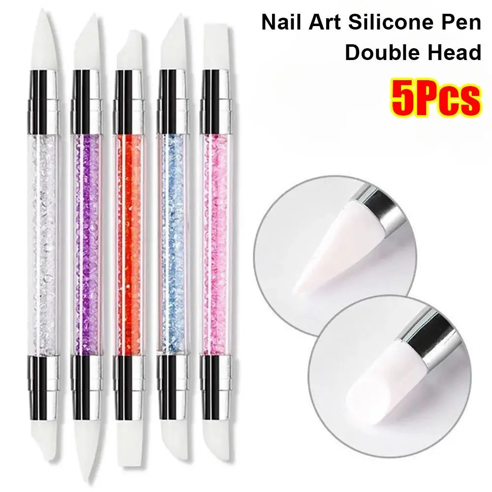 Stylo en Silicone à Double tête pour Nail Art, sculpture de fleurs, brosse douce pour Nail Art, bâton de colle réglable, stylo de gaufrage, 5 pièces/ensemble