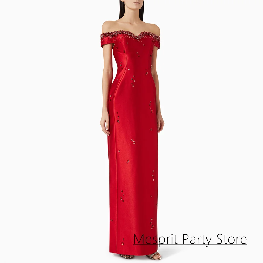 

2025 Red Arabic Evening Dress Customized Sweetheart Off Shoulder Beading Crystal Straight Satin Prom Gown Dubai Party Dresses