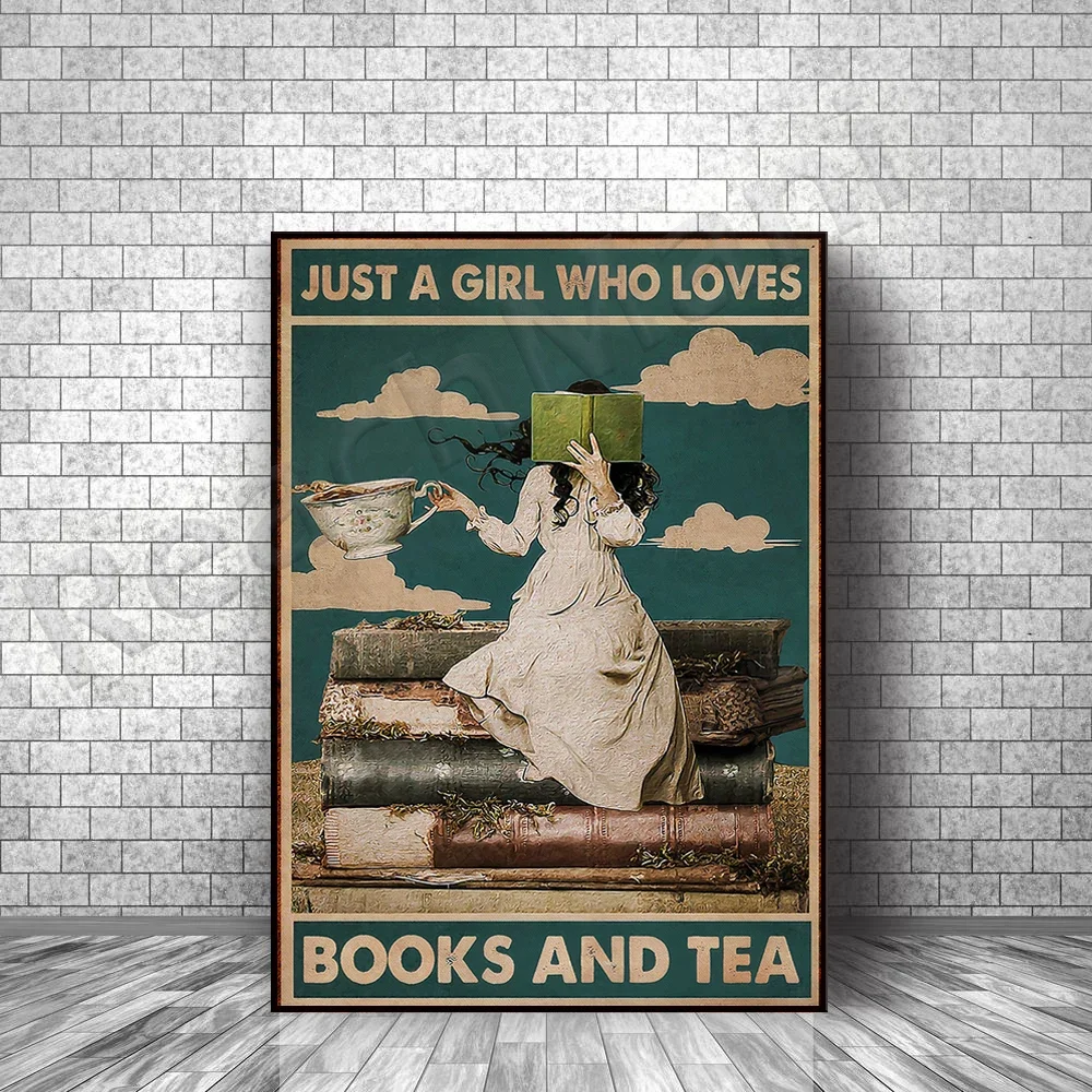 

Just a poster for a girl who loves books and tea, a poster for reading, a gift for book lovers, canvas art print decoration
