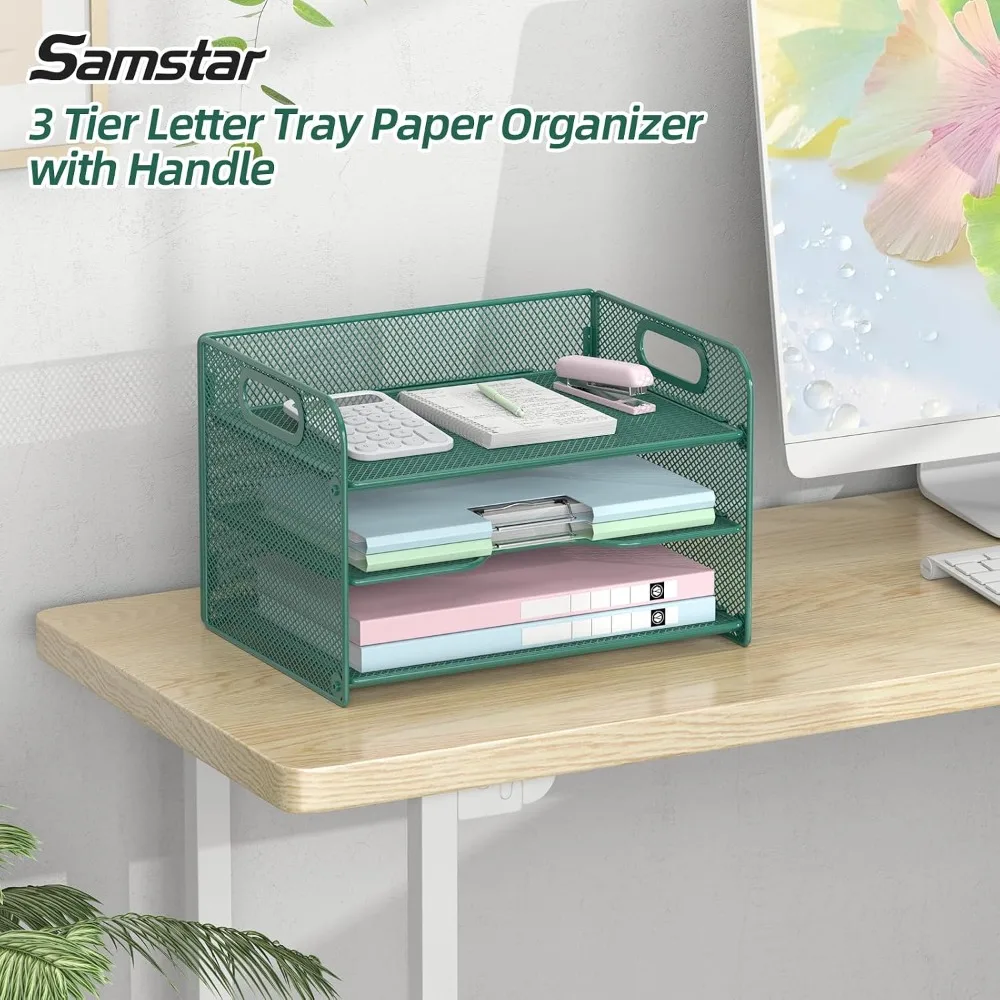 3-Tier Mesh Paper Organizer with Handle, Green Desk File Sorter for A4/Letter, Sturdy Metal Frame