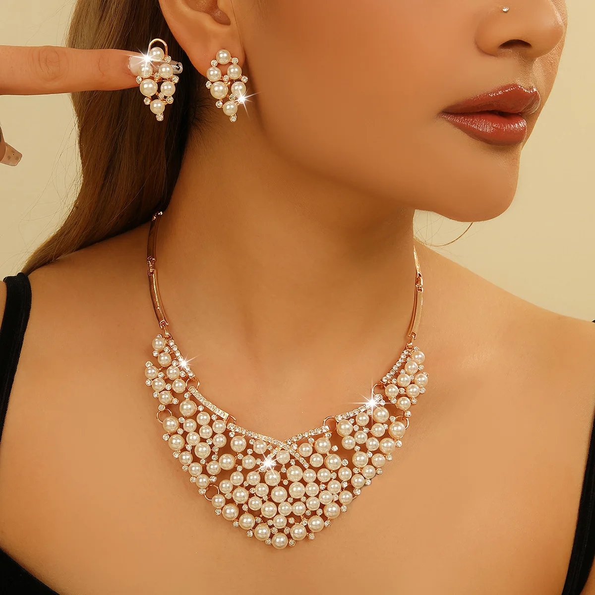 

3Pcs New Fashion Imitation Pearl Alloy Necklace Earrings Set Women's Wedding Jewelry Accessories Gift