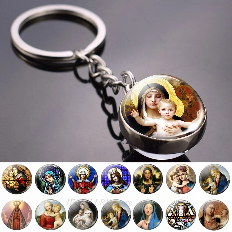 Virgin Mary Glass Ball Keychain - Christmas Catholic Religious Gift for Women Men Baptism Communion