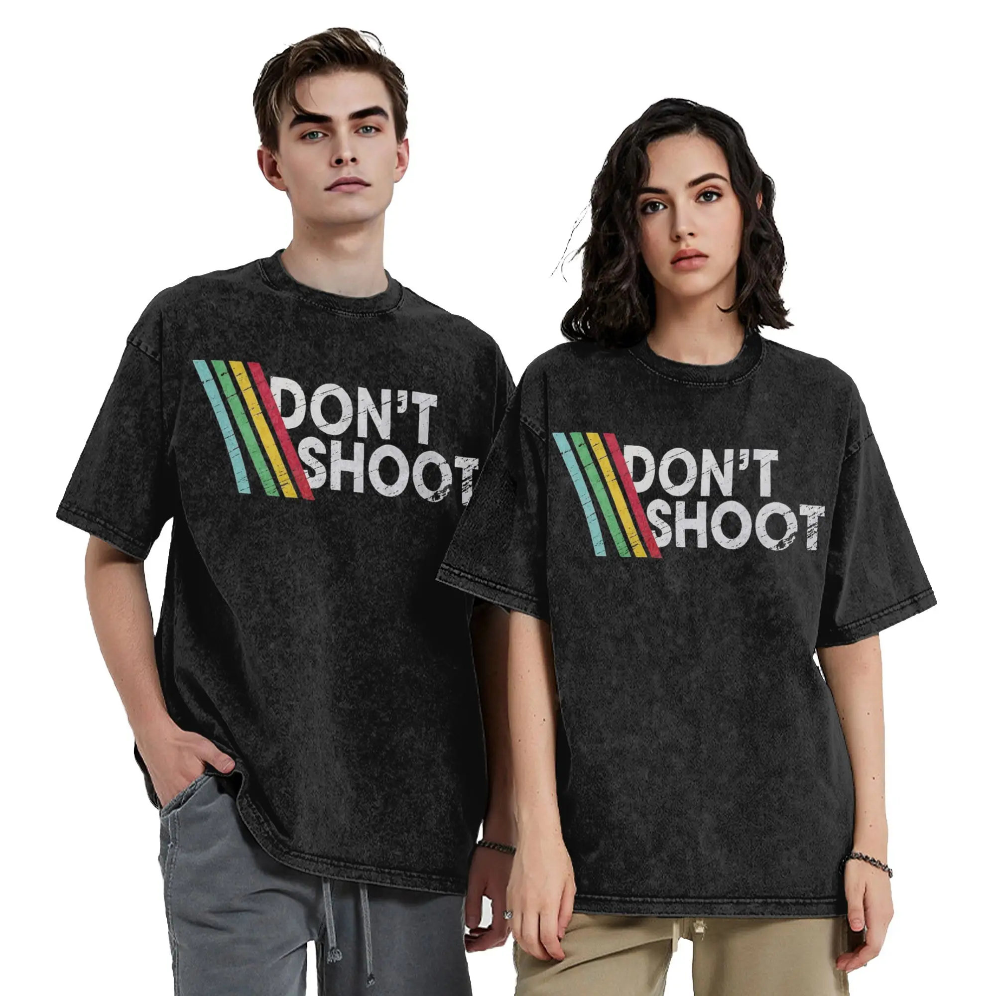 DON'T SHOOT Gaming Arcs Raiders Stripes T Shirts Hip Hop Washed Cotton Oversize T-Shirt for Men Women Tops Streetwear Tee Shirt