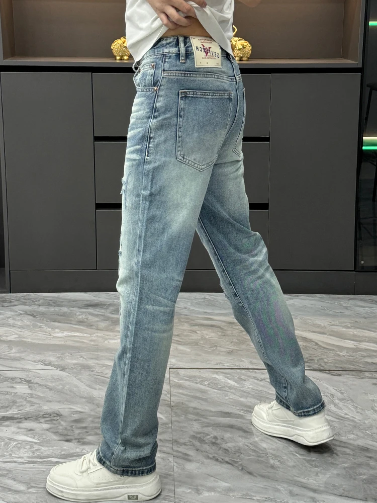 Fashionable Casual Men's Straight Leg Jeans Distressed Lightweight Luxury Summer Wearable All-Match Stylish Handsome