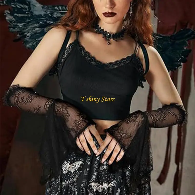 N58F Guantes malla transpirable Mangas brazo gótico Disfraz Halloween ajuste ajustable esencial