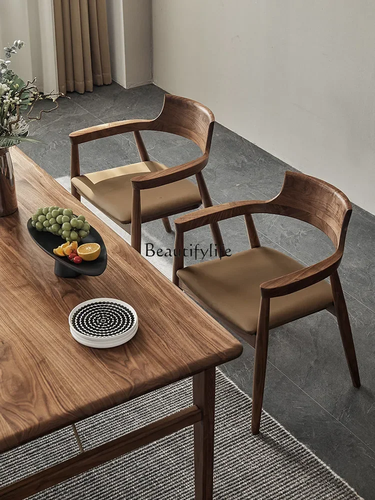 

Solid Wood Full Armrest Black Walnut Wooden Chair Nordic Home Comfort Armchair