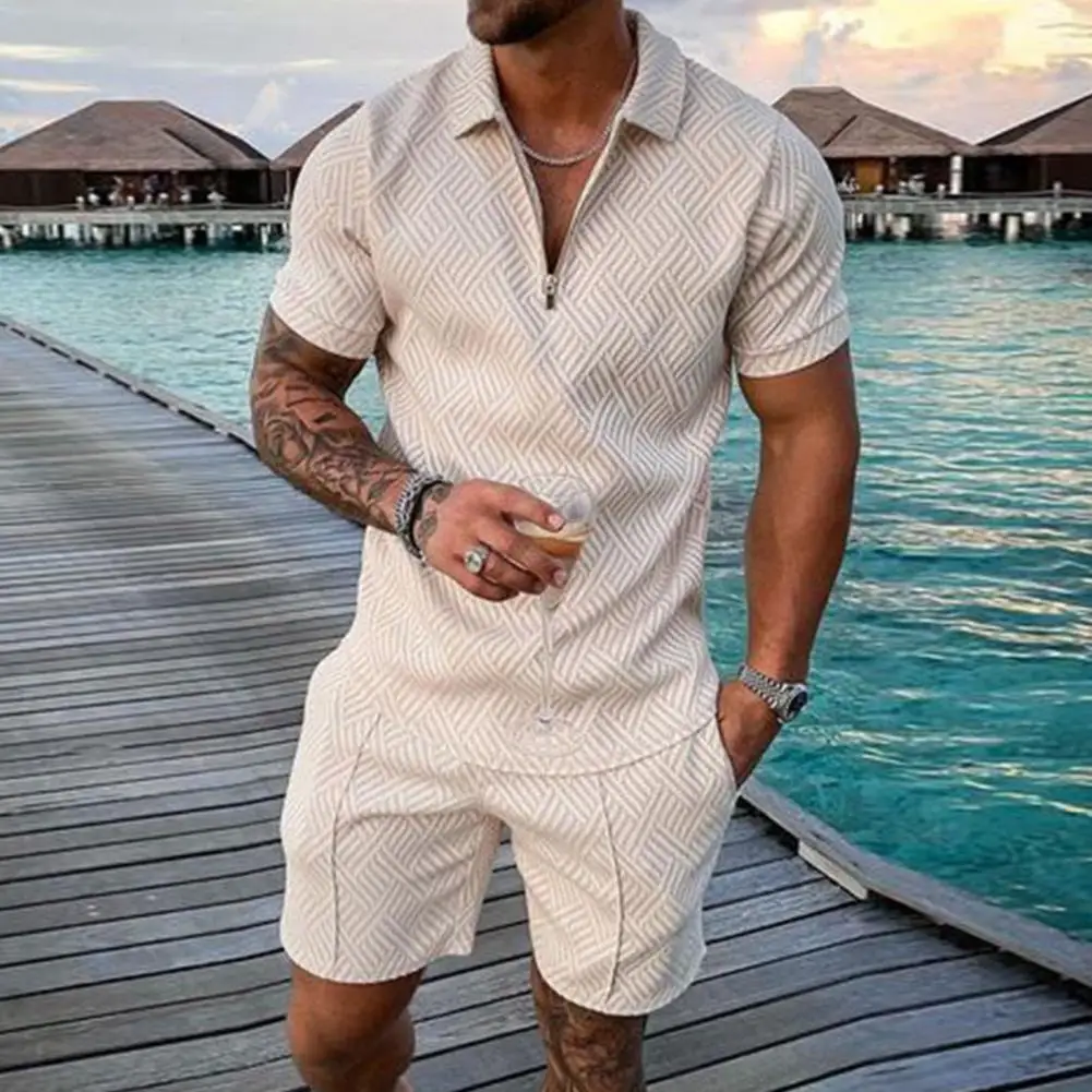 Terno com zíper lapela masculino, camisa com decote, shorts com cintura elástica, roupa casual, agasalho elegante para exterior, 2 peças