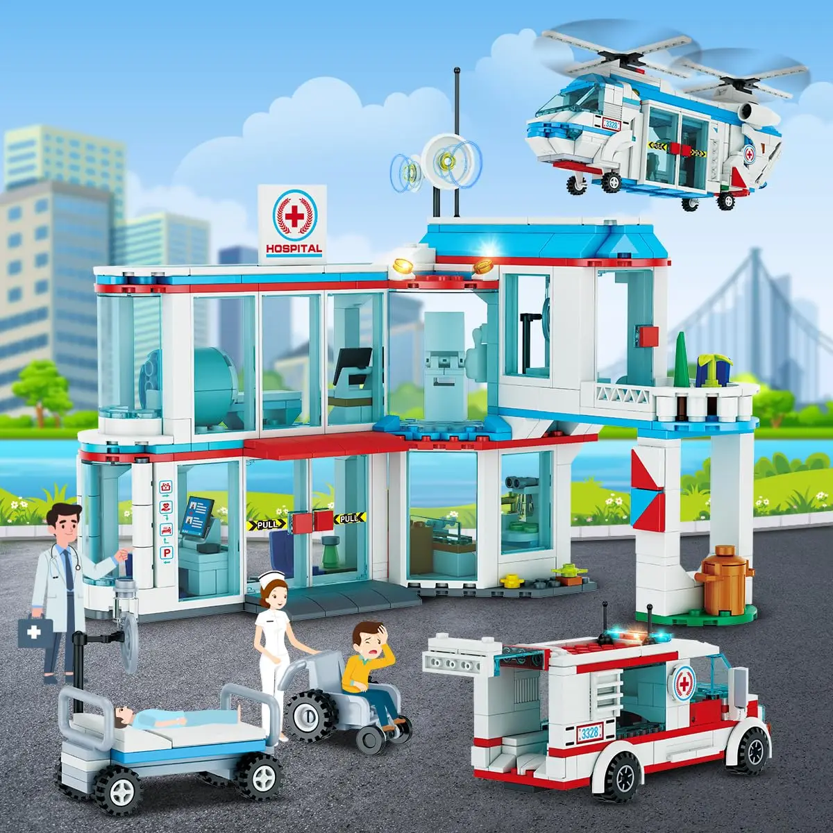 HOGOKIDS City 3 in 1 Hospital Building Set-STEM Helicopter Emergency Toy Ambulance Truck with Bed Wheelchair Gift for Kids 6+