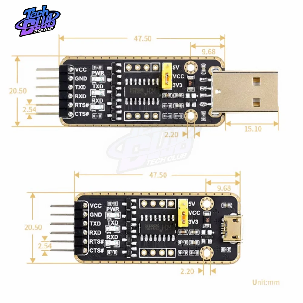 Módulo de Comunicação USB para UART, Micro, Mini, Tipo A, Tipo C, Transmissão de Alta Transmissão, Acessórios de Alimentação