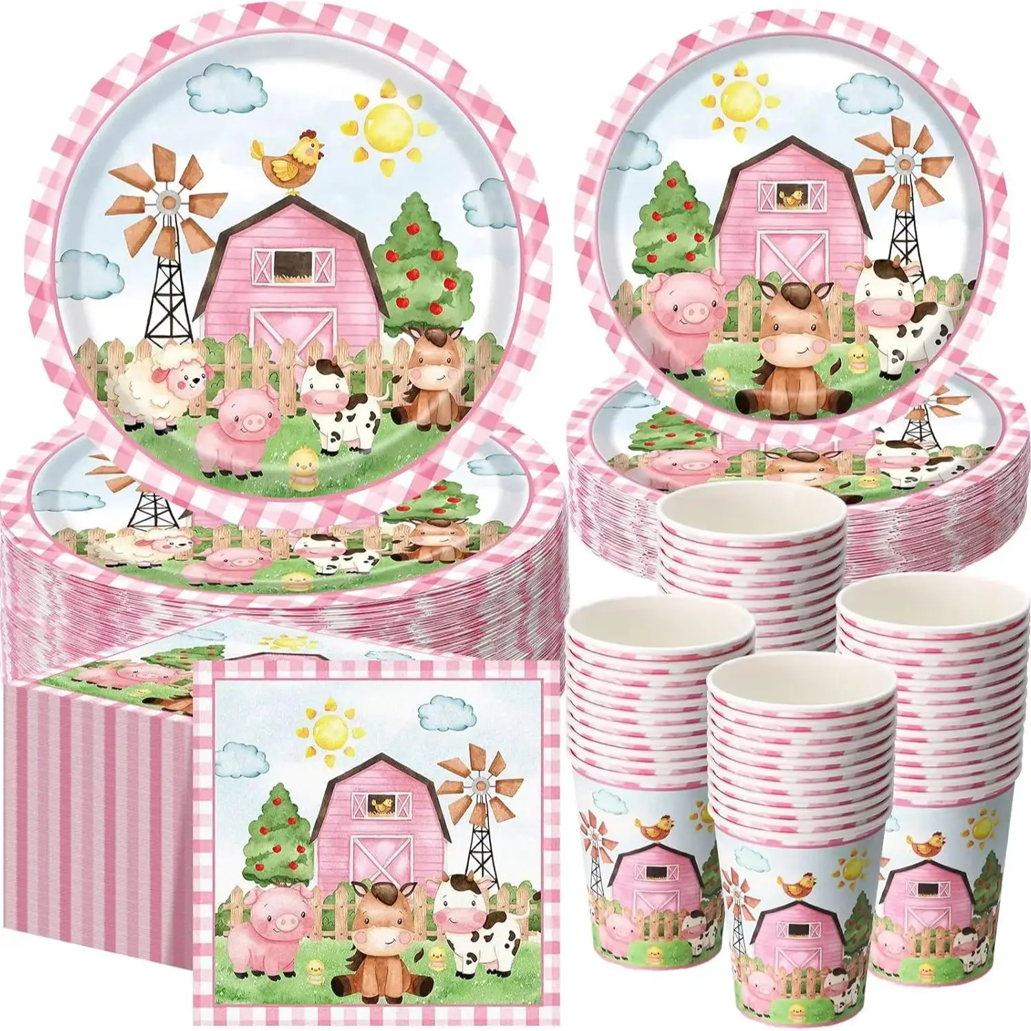 Neues Rosa Bauernhof-Tier Themen-Einweggeschirr, Pappbecher, Teller, Servietten, Tischdecken, Kindergeburtstags-Partyzubehör – Detail 1