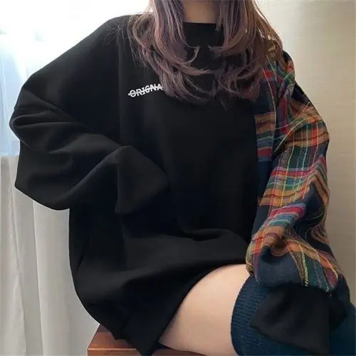 Popular plaid spliced sweatshirt for women 2024 niche autumn and winter style spliced long sleeved printed sweatshirt for women