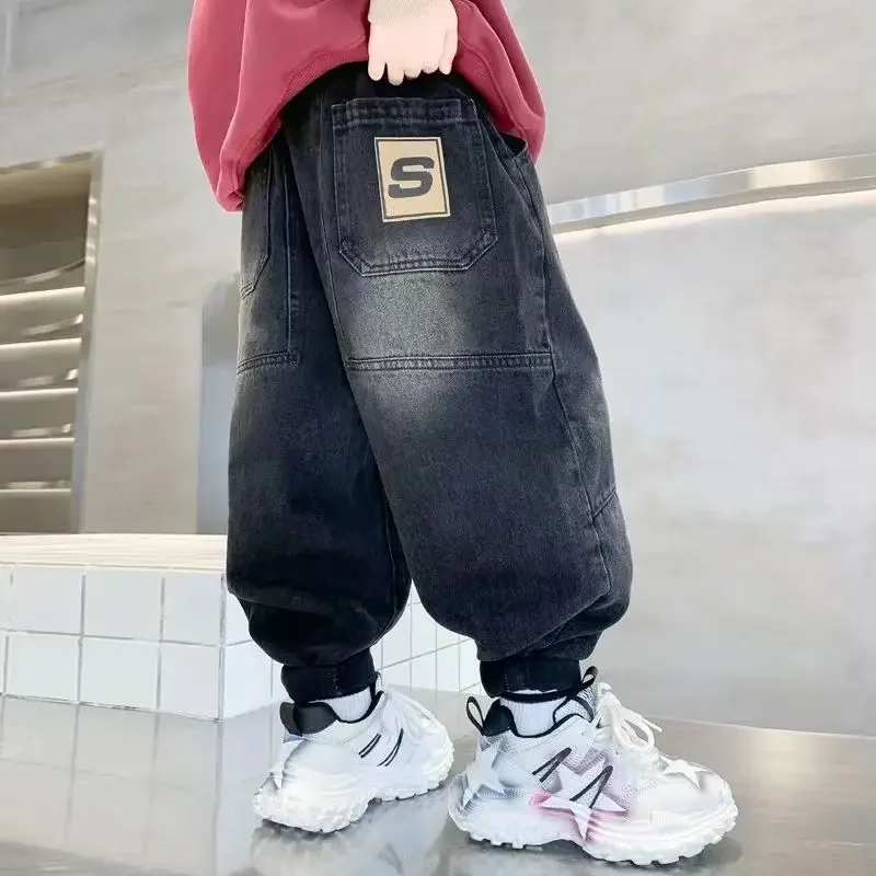 2024  New Jeans For Boys Child  Fashion Korean Style Teenager Trousers Autumn And Winter Thick Warm Kids Jeans Child Long Pants