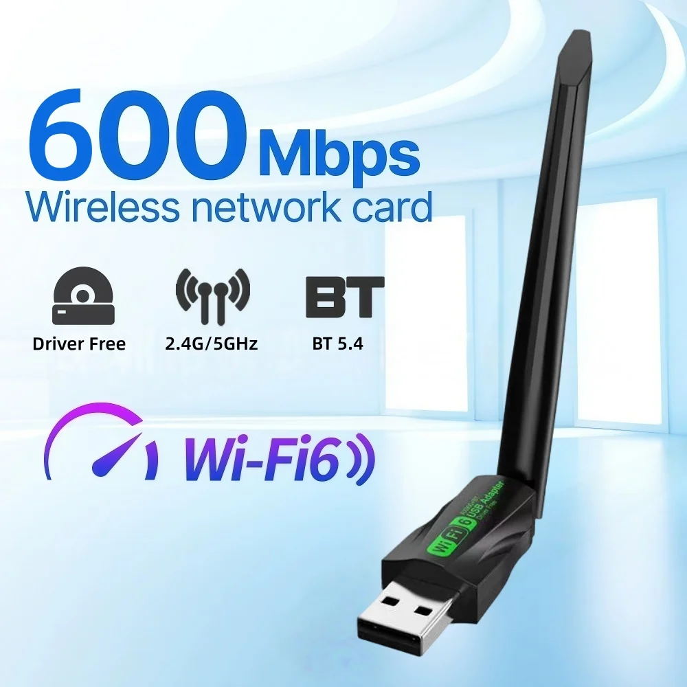 

600Mbps WiFi6 USB Adapter 2 in1 Bluetooth 5.4 Dual Band 2.4G&5GHz Wireless Network Card Driver Free for Windows10/11