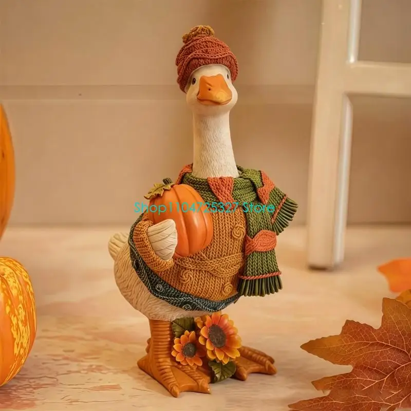 D8KF Duck Garden Statue Outdoor Decors Pumpkin Ducks Figurine Funny Animal Sculpture for Home Office Patios Lawn Yard Ornament