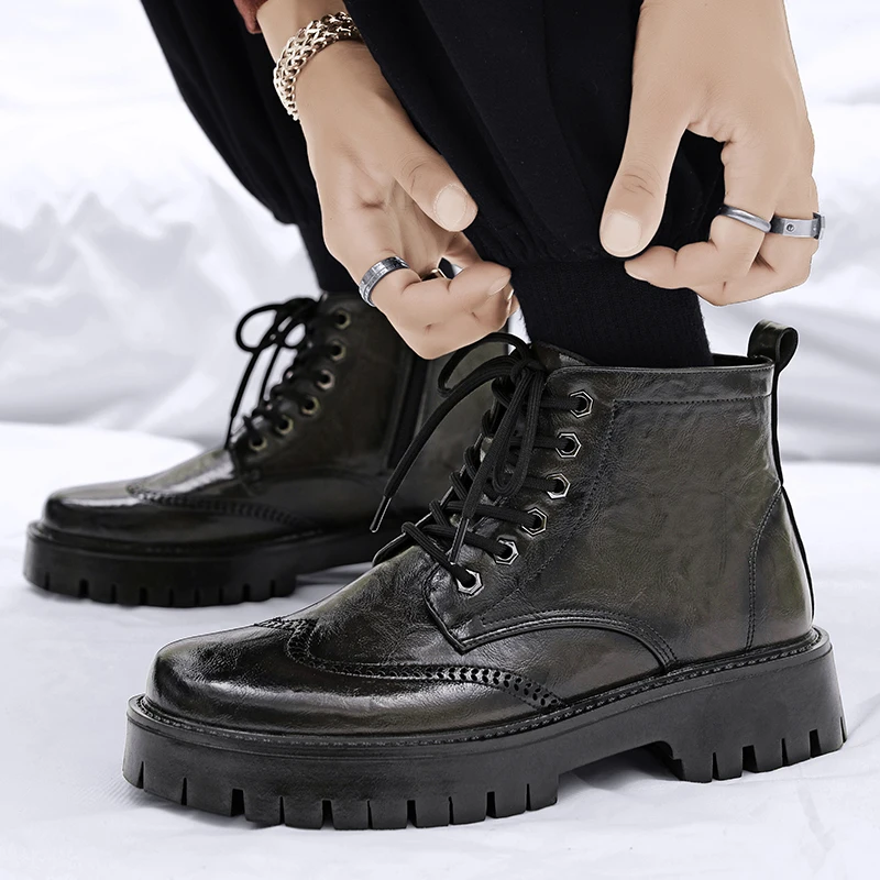 

2025 New Men's Autumn Leather Boots Versatile Trendy British Style Platform High-top Outdoor Boots