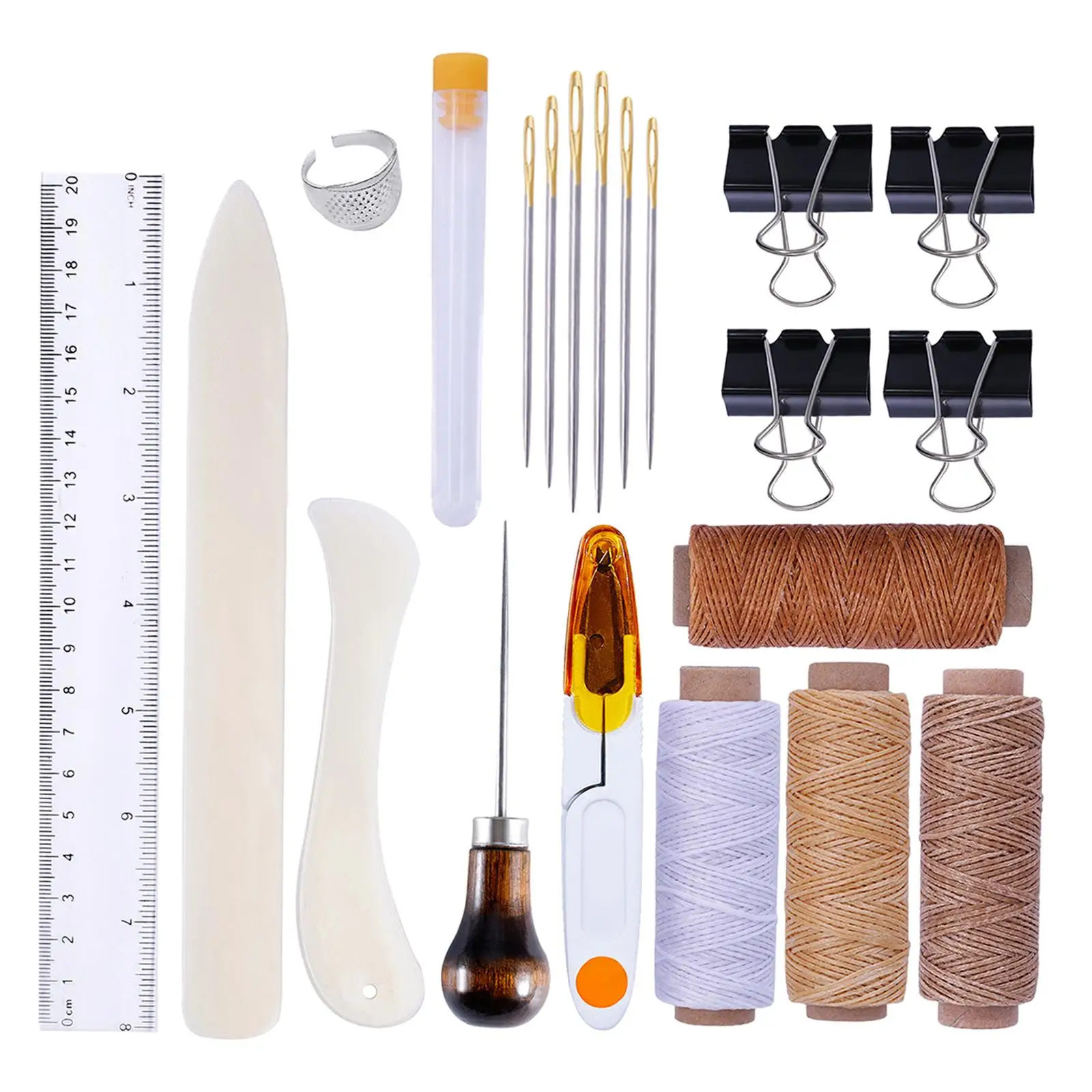 Multi Color Leather Repair Tool Set Sewing Awl Wood Handle Bone Folder Scissor Thimble Waxed Thread for Sofa Fixing