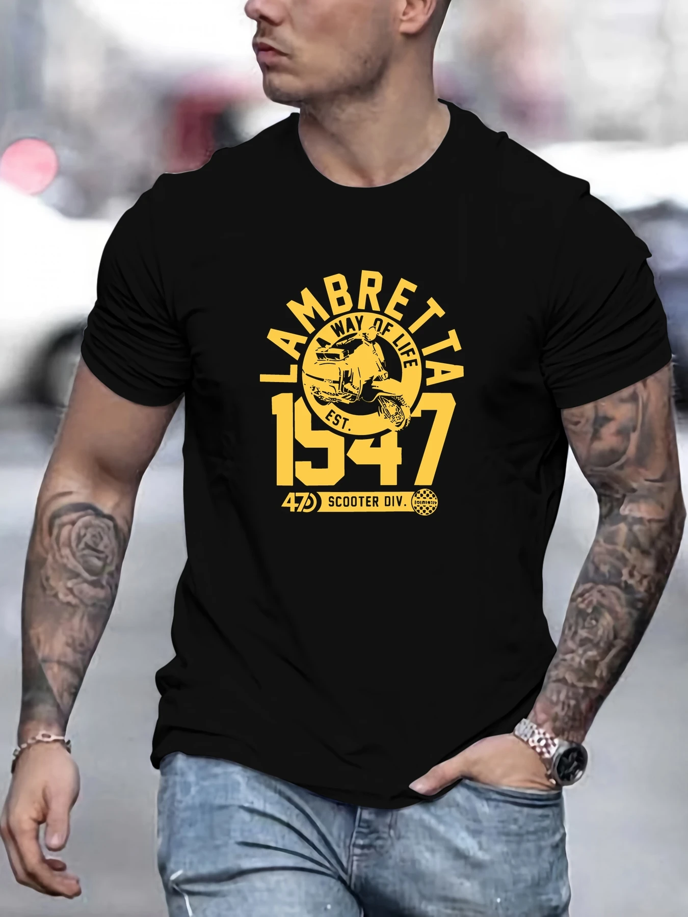 

Men's LAMBRETTA pattern summer casual crew neck short T-shirt