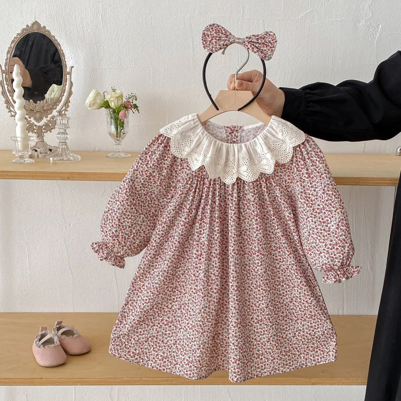 

26Spring stylish floral dress for girls, fashionable early spring long-sleeve versatile pure cotton dress for little girls