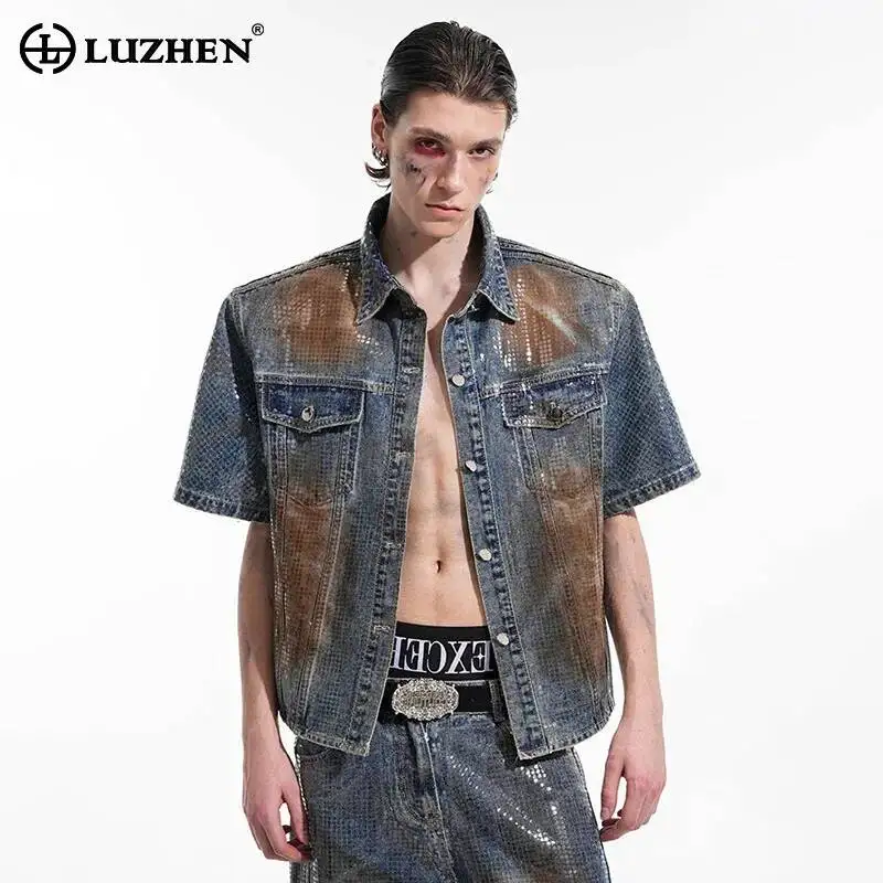 LUZHEN Pad 2025 Printed Summer Original Shoulder Color Contrast Denim Jacket Men's Stylish High Street Short Sleeve Coat JY7116