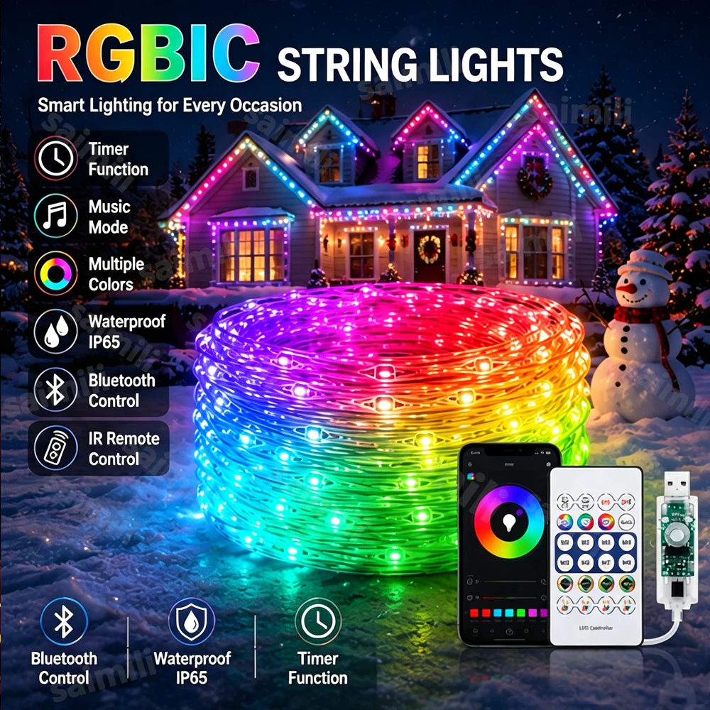 RGBIC WS2812B Fairy String Lights USB Powered Music Sync Color Changing Waterproof LED Garland For Christmas Wedding Room Decor