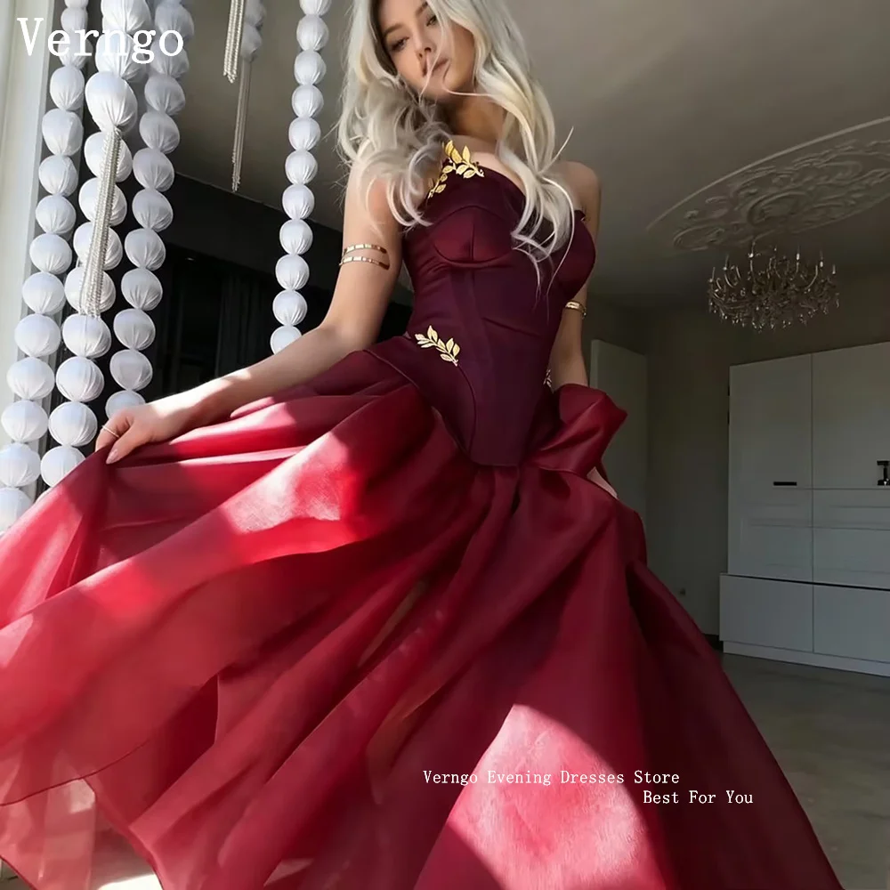 Verngo Burgundy Satin Prom Dresses Sweetheart Ball Gown Gold Leaf Appliques Evening Dress Elegant PromParty Gowns Customi