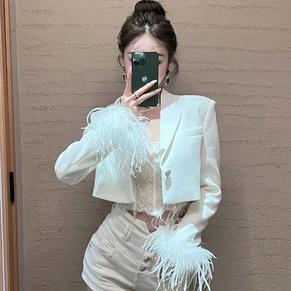 Fashion Feather Long Sleeve Suit Jacket Women One Button Cropped Blazer Ladies Office Blazers For Woman Streetwear White Coats