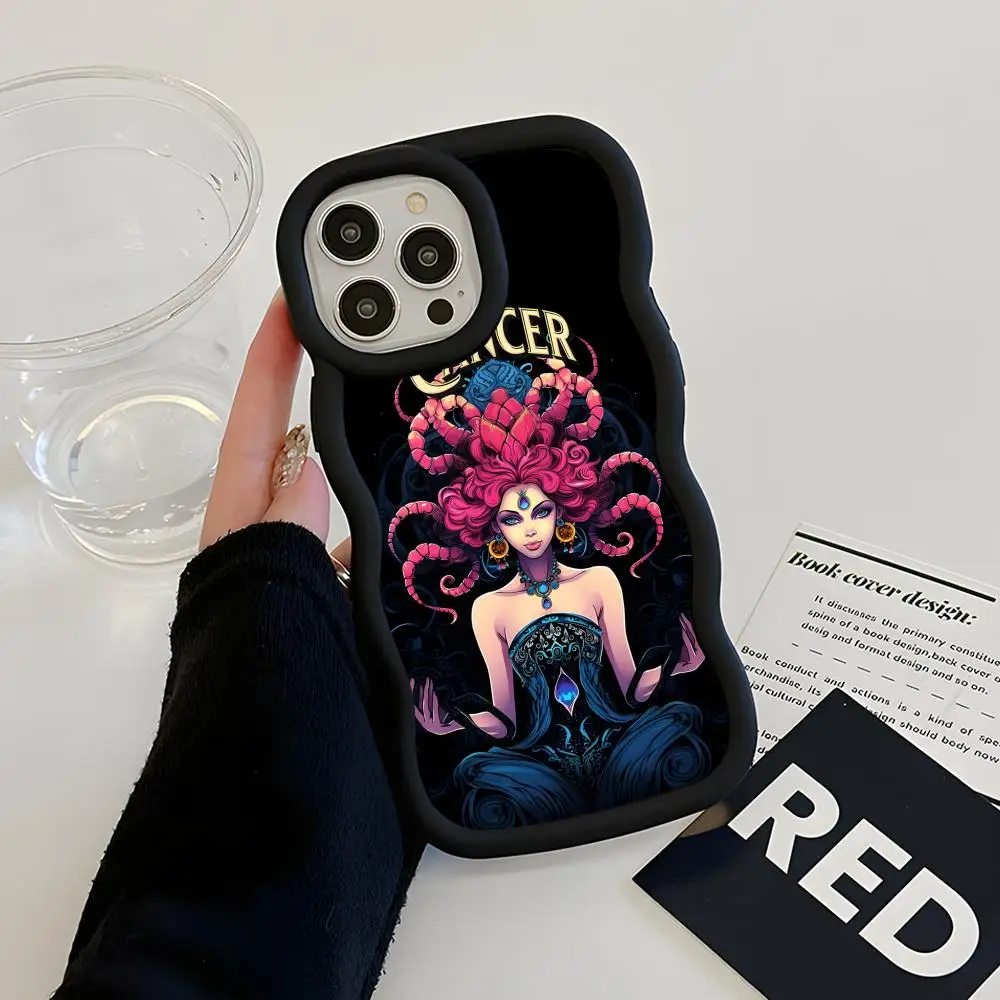 

Zodiac Sign Cancer Phone Case for iPhone 17 16 15 14 13 12 11 Air Pro Max Plus Black Soft TPU Wavy Edge Cover