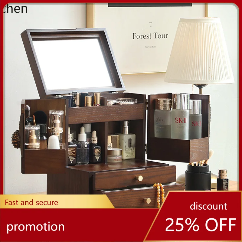

HT cosmetics storage box dust-proof with mirror integrated wooden desktop dresser finishing rack