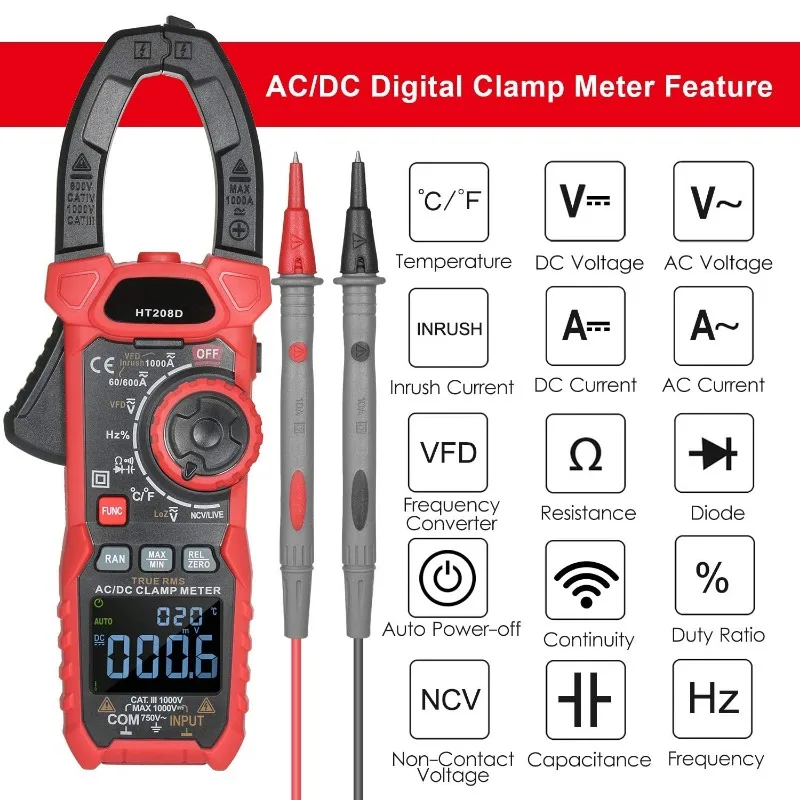 AC/DC Digital Clamp Meter 1000 A True RMS Auto Range Professional Multimeter, 6000 Counts, Inrush