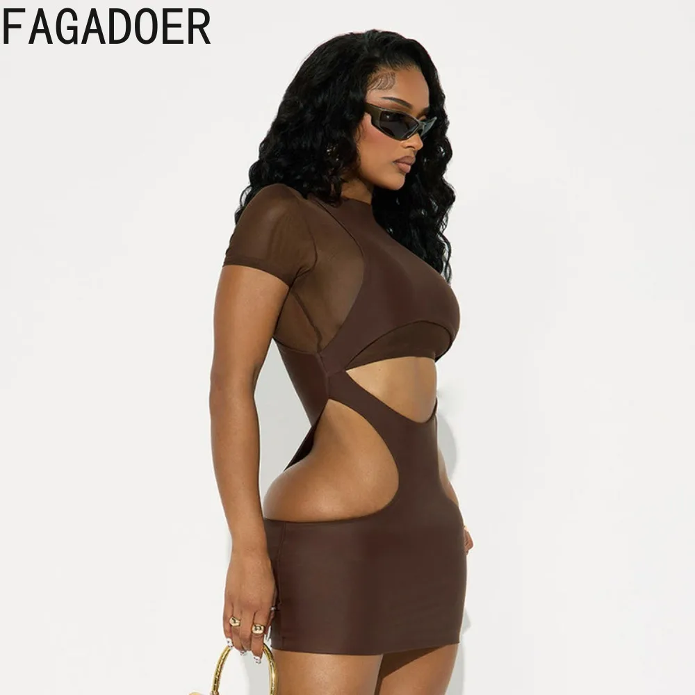 FAGADOER Sexy Mesh Hohl Patchwork 2-teiliges Set für Frau Outfits Einfarbig Kurzarm Crop Top und Rock Weibliche Streetwear