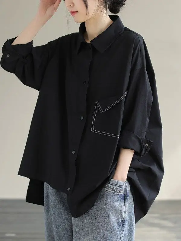 

Spring Autumn Loose Casual Pure Color Asymmetrical Shirt Women's Pocket Large Size Top Coat Simple Style Long Sleeve Breathable