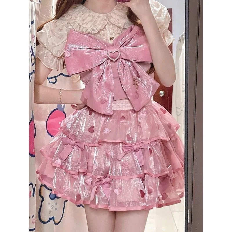 Victorian Lolita Kawaii Dresse Women Gothic Cute Japanese Lace Bow Y2k Tank Tops Tiered Cake Skirt Suit Sweet Lolita Sets