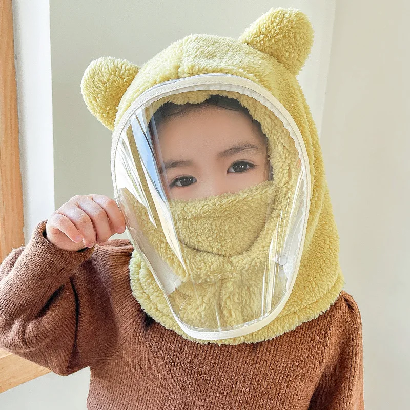 Kids 3-in-1 Winter Fleece Balaclava Hat Solid Color Windproof Face Mask Neck Warmer Furry Hat for Skiing Cycling Outdoor Sports