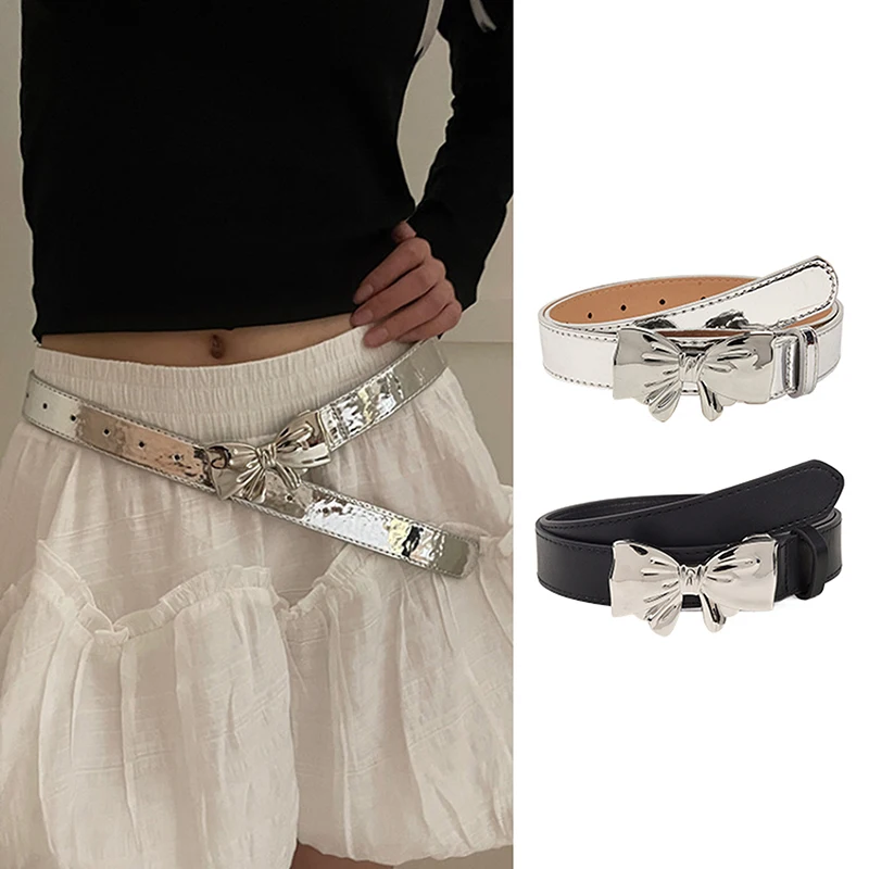 Y2K Bow Buckle Belt Silver Leather Elastic Binding Embellished Waistband Sweet Cool Suit Dress Jeans Belt Decoration Accessories