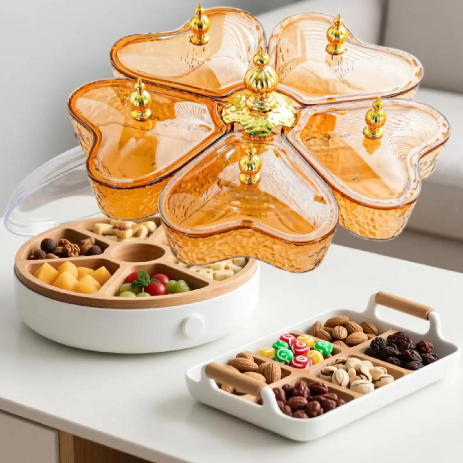Divided Rotating Serving Tray Appetizer Tray Snack Platter with Lid Candy and Nut Dishes for Cakes Table Centerpiece Home