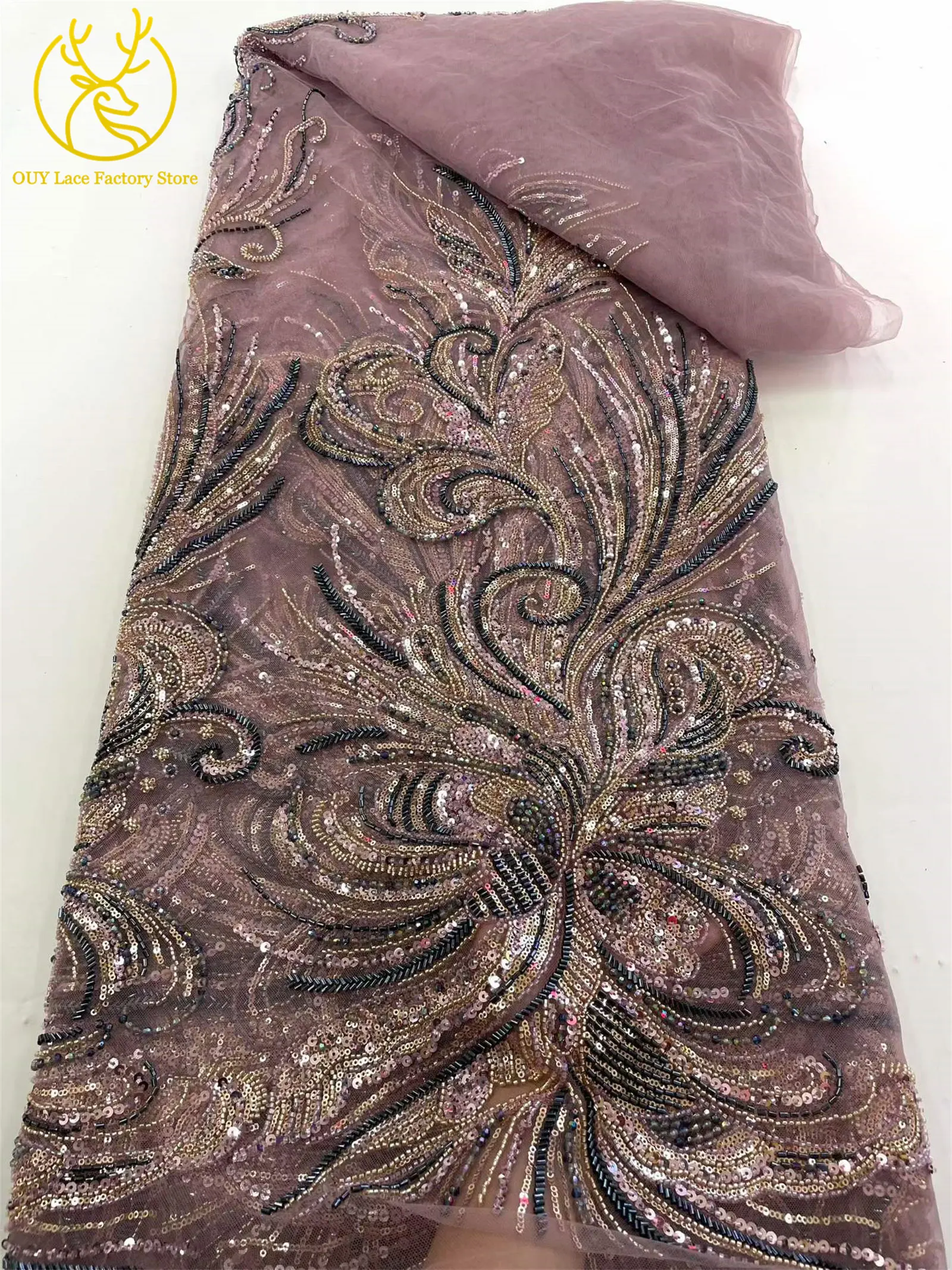 5 Yards luxuriöser afrikanischer Perlenstoff für Bräutigame 2026, exquisite nigerianische Pailletten-Stickerei-Spitze für Damen-Abendkleider zum Nähen – Detail 14
