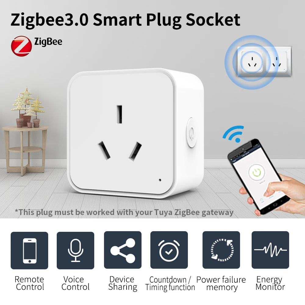 AU ZigBee Smart Socket AU Plug, Gateway Required, Energy Monitoring, Remote & Voice Control, Alexa Google Home, Power-Off Memory