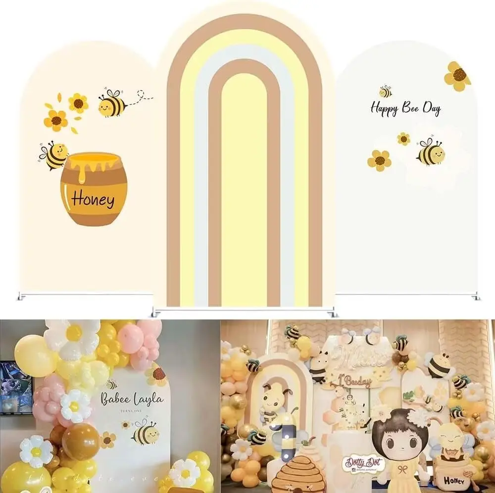 Sweet Bees Arch Backdrop Cover for Happy Birthday Party Yellow Background Stretchy Fabric Fiesta Parties Supplies Decorations