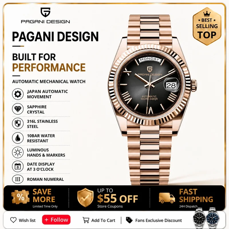 Reloj PAGANI DESIGN para Hombre, Acero Inoxidable, 100M Resistente al Agua, Reloj de Pulsera de Cuarzo, Marca de Primera Calidad, Cristal de Zafiro, 40mm, Relojes para Hombre, Regalo