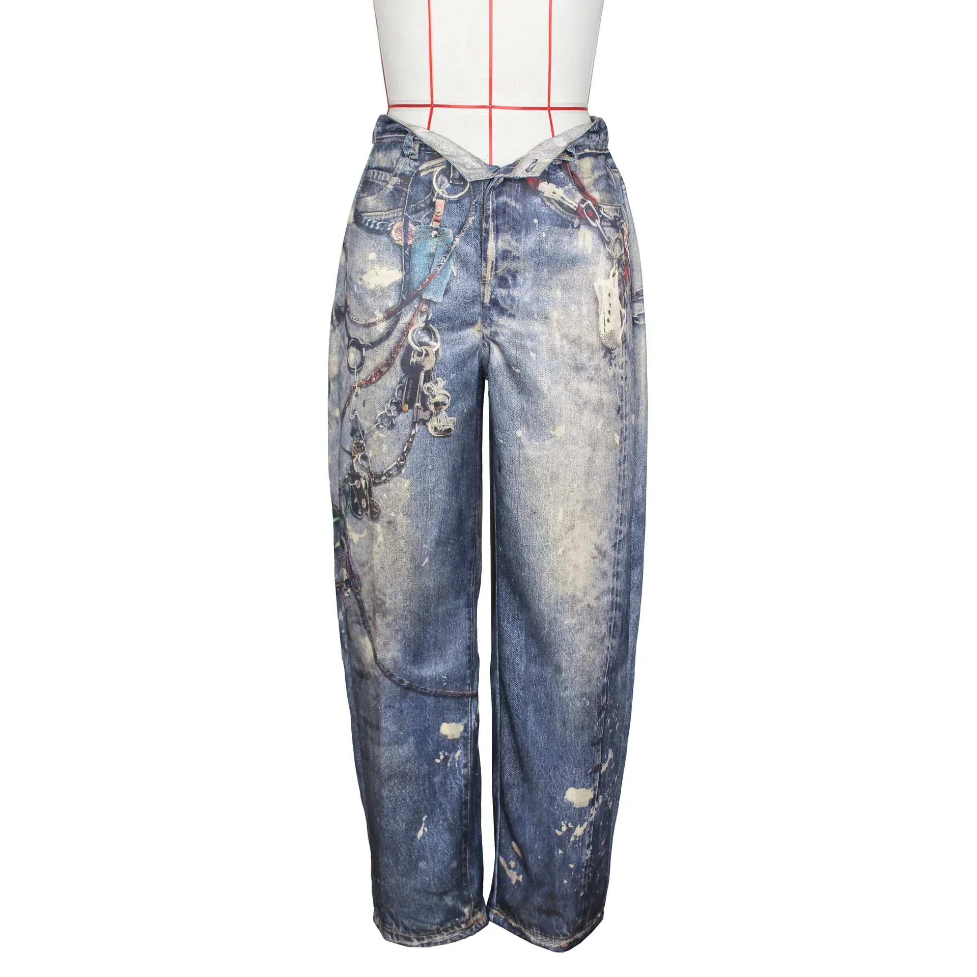 Leosoxs Women Denim Pants Spring Casual Leather 3D Printed Wide Leg Pants Streetwear Lady Loose Straight-Leg Jeans Trousers