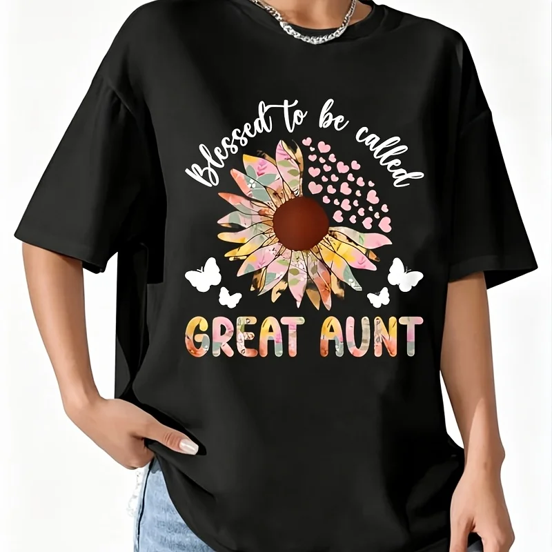 Blessed to Be Called Great Aunt Great Auntie Women's 100% Cotton T-Shirt Fun Print Short Sleeve Top Casual Round Neck Tee S-5Xl