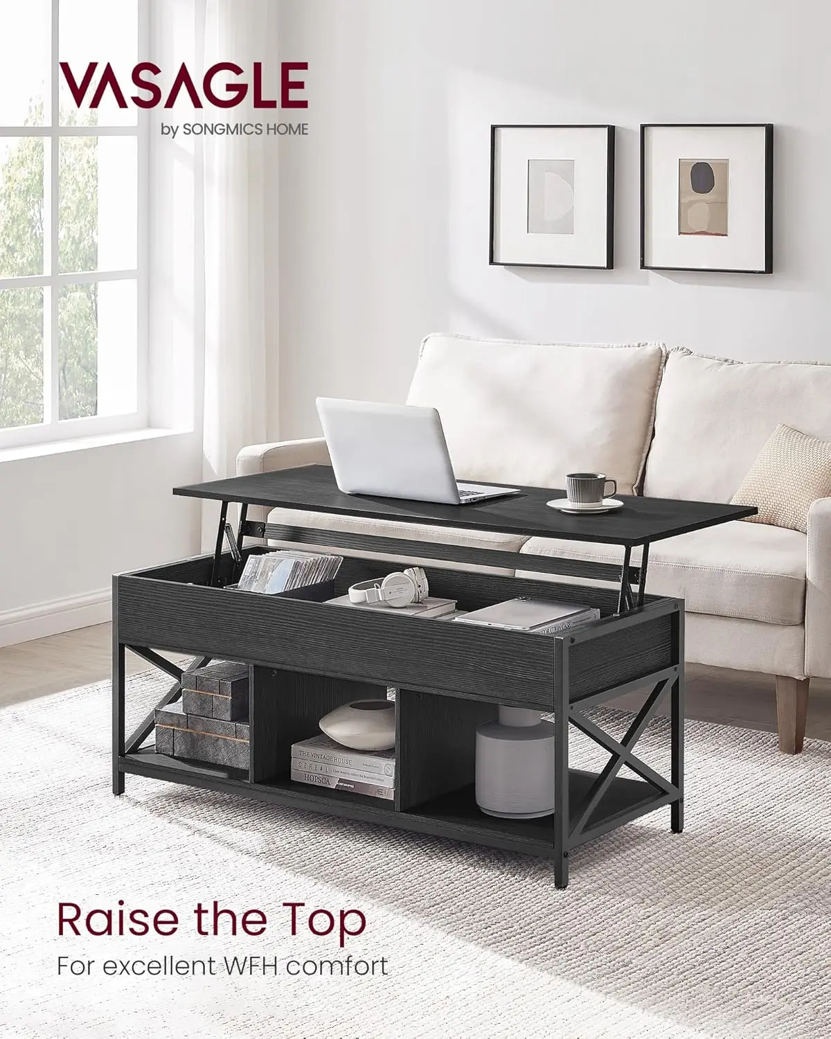 

Lift Top Coffee Table, Lift Coffee Table with Storage Shelf, Hidden Compartments and Lifting Top, for Living Room