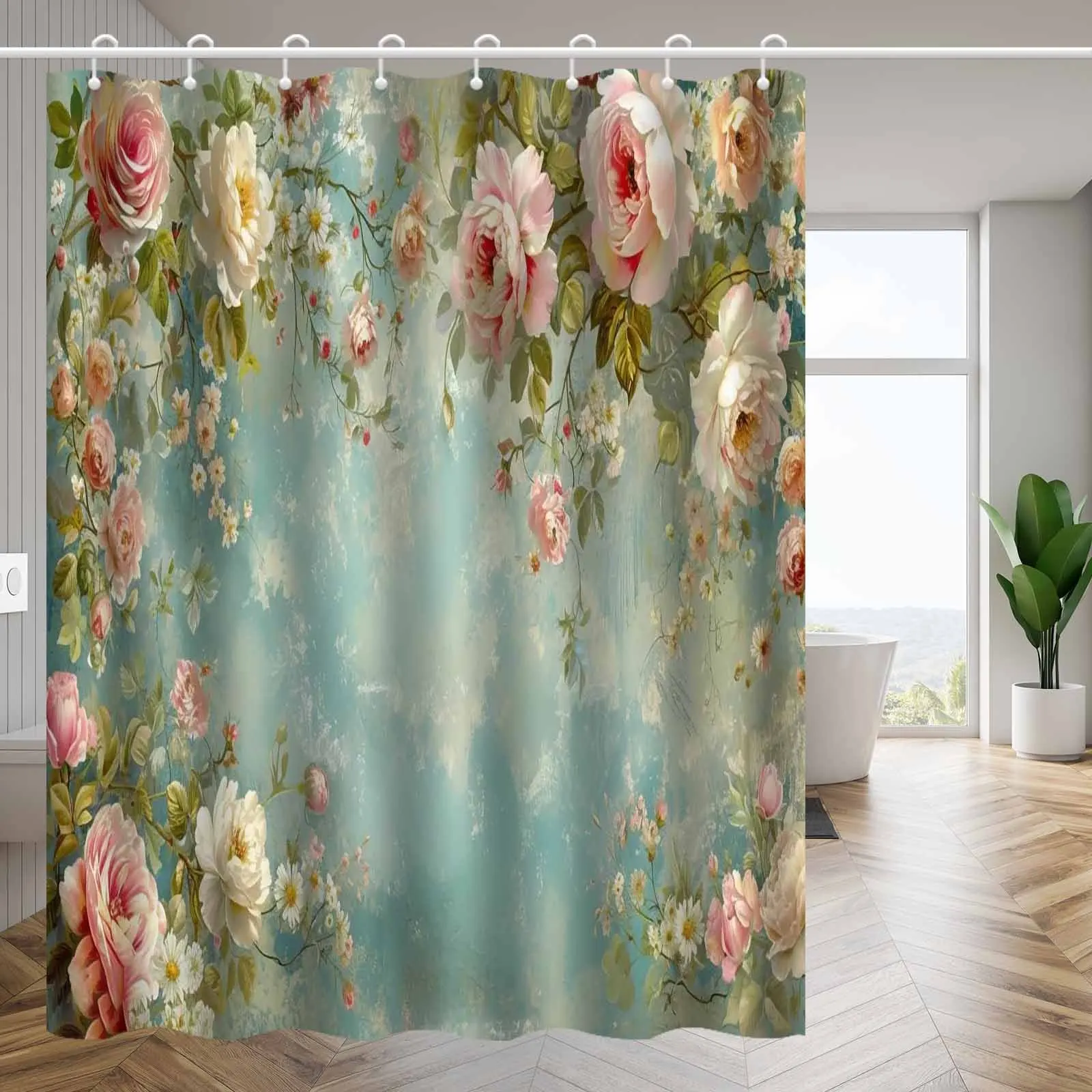 

Элегантная занавеска для душа с цветочным принтом, винтажный ботанический дизайн с розовыми и белыми розами, голубой фон, полиэстер, который можно стирать в машине