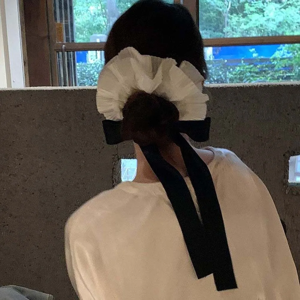 Bowknot Ponytailer Large-Size Oversized Scrunchies Elegant Elastic Ruffle Scrunchie Handmade Chic Ribbon Hair Tie Office