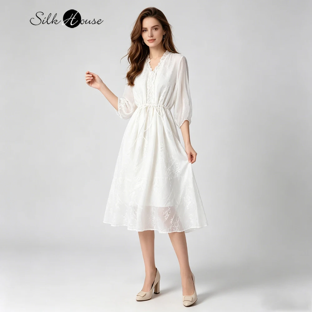Women's Fashion New Heavy Industry Embroidery Flowing Immortal Silk Georgette V-neck Three-quarter Sleeve Large Swing Dress